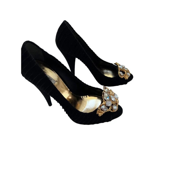 Miu Miu Black Suede Crystal Peep Toe Pumps - Picture 10 of 11